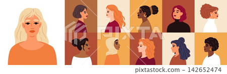 Portraits of women of various nationalities. Flowing lines and shapes. Images of beautiful girl profiles. Femininity, tenderness or beauty. Attractive hairstyles. Vector female faces set Portraits of women of various nationalities. Flowing lines and shapes. Images of beautiful girl profiles. Femininity, tenderness or beauty. Attractive hairstyles. Vector female faces set 142652474