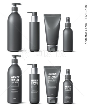 Realistic cosmetic bottles of famous brands. Minimalist design of black 3D containers with labels. Dispenser and spray mockup. Moisturizer or shampoo tube. Cosmetic packaging vector set Realistic cosmetic bottles of famous brands. Minimalist design of black 3D containers with labels. Dispenser and spray mockup. Moisturizer or shampoo tube. Cosmetic packaging vector set 142652483