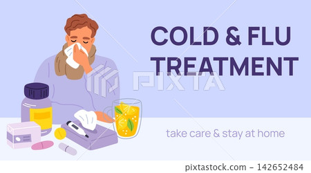 Seasonal cold and flu poster. Man sneezing into tissue. Illness symptoms. Medical remedy and vitamin pills. Catarrhal disease. Sore throat and runny nose. Vector medical treatment banner Seasonal cold and flu poster. Man sneezing into tissue. Illness symptoms. Medical remedy and vitamin pills. Catarrhal disease. Sore throat and runny nose. Vector medical treatment banner 142652484
