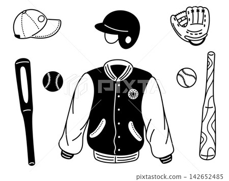 Silhouette images of baseball symbols. Black sport equipment. Glove or bandages. Balls pitching and batting. Sportsman helmet. Baseballer uniform coat. Vector game graphic icons set Silhouette images of baseball symbols. Black sport equipment. Glove or bandages. Balls pitching and batting. Sportsman helmet. Baseballer uniform coat. Vector game graphic icons set 142652485