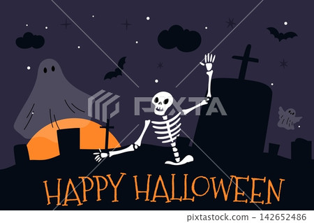 Skeletons and ghosts in nighttime cemetery with bats. October death holiday. Scary graves and horror phantoms. Night graveyard evil monsters. Vector design for Halloween card or poster Skeletons and ghosts in nighttime cemetery with bats. October death holiday. Scary graves and horror phantoms. Night graveyard evil monsters. Vector design for Halloween card or poster 142652486
