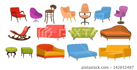 Upholstered sofas, armchairs and recliners. Modern and classic furniture designs. Cozy interior accents. Comfortable lounges. Ergonomic couches. Vector home furnishing isolated elements set Upholstered sofas, armchairs and recliners. Modern and classic furniture designs. Cozy interior accents. Comfortable lounges. Ergonomic couches. Vector home furnishing isolated elements set 142652487
