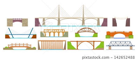 Urban and rural bridges. Architecture of structures connecting banks of river body of water. Stone aqueduct column. Metal or wooden constructions. Vector landscape isolated elements set Urban and rural bridges. Architecture of structures connecting banks of river body of water. Stone aqueduct column. Metal or wooden constructions. Vector landscape isolated elements set 142652488