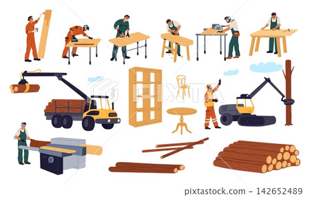Characters carpenters and joiners. Woodworking and timber harvesting. Professional craftsmen. Forest logging. People with saws or planes. Furniture making. Woodwork industry vector set Characters carpenters and joiners. Woodworking and timber harvesting. Professional craftsmen. Forest logging. People with saws or planes. Furniture making. Woodwork industry vector set 142652489