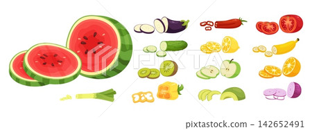 Chopped vegetables and fruits. Process of preparing vegetarian side dishes. Food cooking. Cutting ingredients. Watermelon, tomato and eggplant slices. Vegan product pieces vector set Chopped vegetables and fruits. Process of preparing vegetarian side dishes. Food cooking. Cutting ingredients. Watermelon, tomato and eggplant slices. Vegan product pieces vector set 142652491