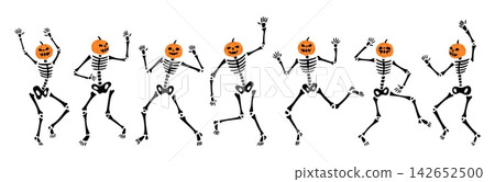 Dancing silhouettes of human skeletons with pumpkins instead of skulls. Symbols of Halloween. Death holiday joy. Gothic scary bones dancers. Skeletal bodies. Creepy monsters vector set 142652500