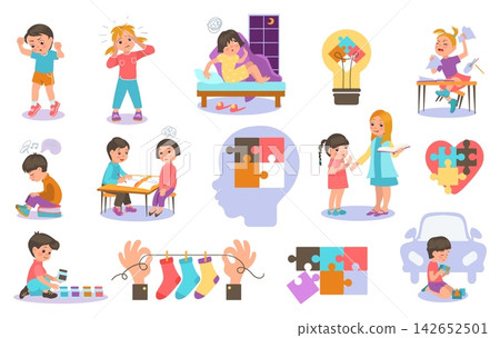 Elements related to autism. Children with autistic spectrum disorders. Puzzles heart. Hands and human heads. Special boys and girls behavior. Education for autists. Vector concepts set Elements related to autism. Children with autistic spectrum disorders. Puzzles heart. Hands and human heads. Special boys and girls behavior. Education for autists. Vector concepts set 142652501