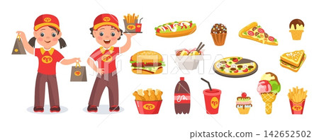 Fastfood workers. Waiters serving food. Girl and guy in restaurant uniforms with corporate branding. Cafe staff. French fries and hamburger. Young cashier with tray. Vector elements set Fastfood workers. Waiters serving food. Girl and guy in restaurant uniforms with corporate branding. Cafe staff. French fries and hamburger. Young cashier with tray. Vector elements set 142652502