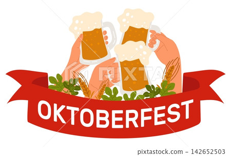Hands holding beer glasses with alcoholic drink. Celebrating Oktoberfest. Ale mugs cheers. German foamy alcohol beverage. Hop leaves and festive ribbon. Vector Bavarion holiday sticker Hands holding beer glasses with alcoholic drink. Celebrating Oktoberfest. Ale mugs cheers. German foamy alcohol beverage. Hop leaves and festive ribbon. Vector Bavarion holiday sticker 142652503