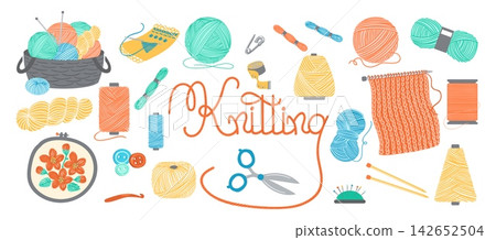 Knitting supplies. Sewing and embroidery craft tools. Cozy creative hobby. Wool yarn. Basket of floss skeins. Needles and scissors. Knit with crochet. Needlework accessories vector set Knitting supplies. Sewing and embroidery craft tools. Cozy creative hobby. Wool yarn. Basket of floss skeins. Needles and scissors. Knit with crochet. Needlework accessories vector set 142652504