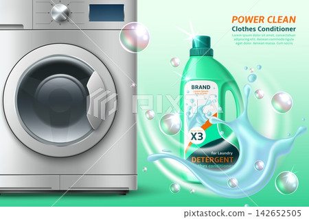Laundry banner. Realistic steel washing machine with detergent. Splashing water and flying soap bubbles. Cleanser bottle. Household chores. Advertising vector poster design template Laundry banner. Realistic steel washing machine with detergent. Splashing water and flying soap bubbles. Cleanser bottle. Household chores. Advertising vector poster design template 142652505
