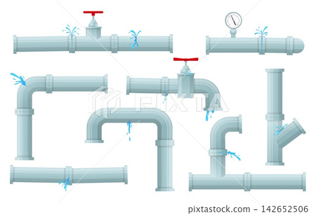 Leaking pipes. Damaged plastic piping parts. Pressurized water splashes and drops. Drain taps or valves. Engineering sensor. Canalization fix. Sewerage system. Sewer tubes vector set Leaking pipes. Damaged plastic piping parts. Pressurized water splashes and drops. Drain taps or valves. Engineering sensor. Canalization fix. Sewerage system. Sewer tubes vector set 142652506