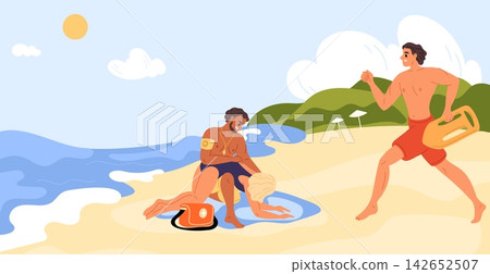Lifeguard rescues people. Man on beach administers first aid to drowning woman. Professional sea rescuer. Swimming safety. Lifesaver rushing to victim with lifebuoy. Vector concept Lifeguard rescues people. Man on beach administers first aid to drowning woman. Professional sea rescuer. Swimming safety. Lifesaver rushing to victim with lifebuoy. Vector concept 142652507