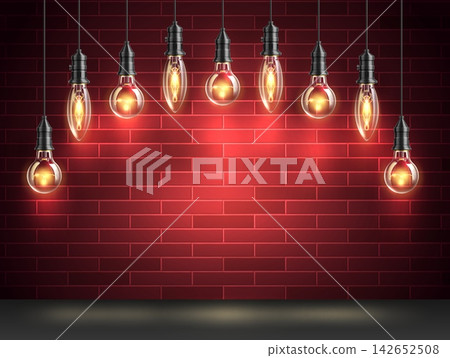 Light bulbs against brick wall. Realistically glowing Edison bulbs. Loft style interior. Ceiling illumination. Light lamps hanging on wires. Vintage hipster design vector background Light bulbs against brick wall. Realistically glowing Edison bulbs. Loft style interior. Ceiling illumination. Light lamps hanging on wires. Vintage hipster design vector background 142652508
