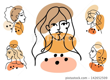 Linear abstract female faces. Modern portraits. Girl figures rendered silhouettes. Minimalist elegant young women. Continuous line sketch. Lady avatars. Profile drawings vector set Linear abstract female faces. Modern portraits. Girl figures rendered silhouettes. Minimalist elegant young women. Continuous line sketch. Lady avatars. Profile drawings vector set 142652509
