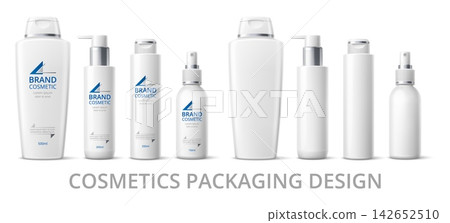 Realistic cosmetic bottles of famous brands. White product packaging with different dispensers. 3D mockup of containers. Shampoo and conditioner. Moisturizing cream. Vector packages set 142652510