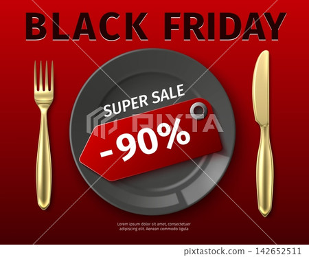 Realistic cutlery banner. Dining table setting. Black Friday Super Sale label text on ceramic plate. Golden knife and fork on red background. Discount promotion vector flyer template 142652511