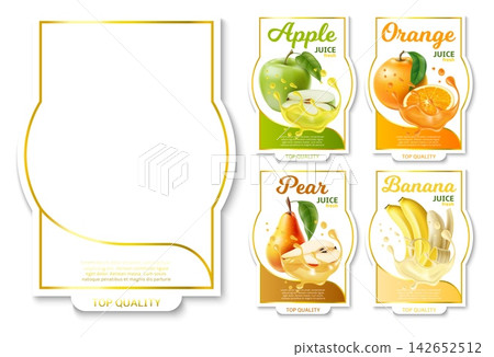 Realistic fruit labels. Sticker designs for various juices. Drink brand emblems. Blank packaging tags. Apple with liquid splashes. Orange and banana. Vector beverage package badges set Realistic fruit labels. Sticker designs for various juices. Drink brand emblems. Blank packaging tags. Apple with liquid splashes. Orange and banana. Vector beverage package badges set 142652512