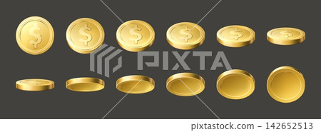 Realistic gold coins. Golden money flip. View from different angles. Dollars rotating. Casino jackpot. Metal token turn process. Currency cash animation. Financial symbols vector set 142652513