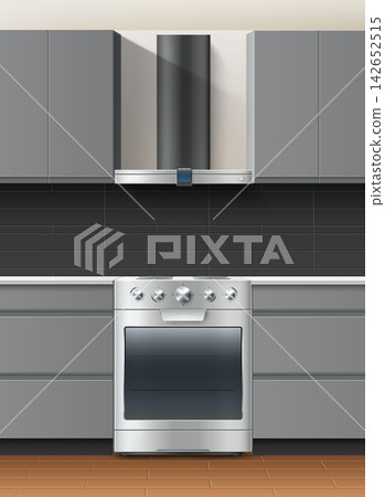 Realistic kitchen interior. Gray 3D furniture. Modern household electric oven with hood. Domestic cabinet design. Shelves for appliances. Cupboards for cooking. Vector room furnishing Realistic kitchen interior. Gray 3D furniture. Modern household electric oven with hood. Domestic cabinet design. Shelves for appliances. Cupboards for cooking. Vector room furnishing 142652515