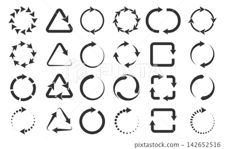 Simple icons. Updated black symbols. Directional arrows. Graphic element templates. Triangular, circular and square shapes. Waiting process. Eco recycle. Spin direction. Vector signs set Simple icons. Updated black symbols. Directional arrows. Graphic element templates. Triangular, circular and square shapes. Waiting process. Eco recycle. Spin direction. Vector signs set 142652516