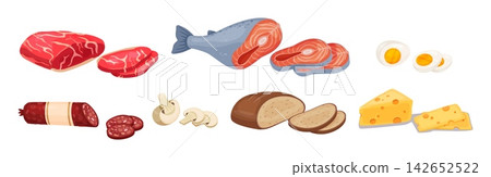 Slicing meat. Fish and bread cutting. Food preparation. Cheese chunk. Preparing ingredients for meal cooking. Sausage, eggs and mushrooms pieces. Salmon cut. Chopped products vector set Slicing meat. Fish and bread cutting. Food preparation. Cheese chunk. Preparing ingredients for meal cooking. Sausage, eggs and mushrooms pieces. Salmon cut. Chopped products vector set 142652522