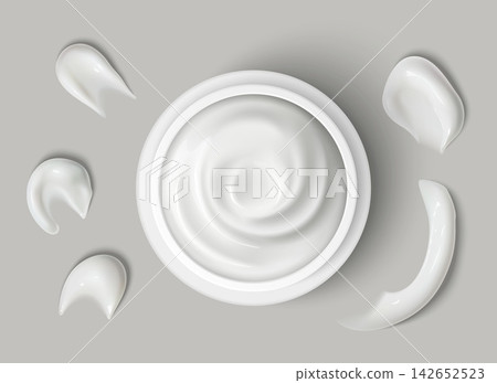 Smearing cream in jar. Realistic round open pot of skin care cosmetic with white smeared spots. Plastic round package top view. Skincare beauty product swatch. Vector moisturizer mockup Smearing cream in jar. Realistic round open pot of skin care cosmetic with white smeared spots. Plastic round package top view. Skincare beauty product swatch. Vector moisturizer mockup 142652523