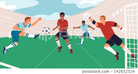 Soccer match. Players on field. Goalkeeper defending net. Sport game tense moment. Athletes in uniform kicking ball. Footballers tournament. Stadium playground. Vector football championship Soccer match. Players on field. Goalkeeper defending net. Sport game tense moment. Athletes in uniform kicking ball. Footballers tournament. Stadium playground. Vector football championship 142652524