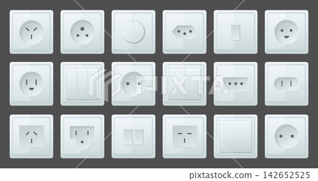 Socket and switch. Various types of insulated electrical connectors. Modern standard power supply. Internal components made of white plastic. Electric circuit port shapes vector set 142652525