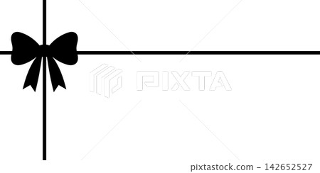 Black Ribbon Bow with Crossing Horizontal and Vertical Lines. Minimal Gift Wrap Decoration with Large Copy Space for Holiday Card, Invitation, Sale Banner, Packaging and Elegant Design. Black Ribbon Bow with Crossing Horizontal and Vertical Lines. Minimal Gift Wrap Decoration with Large Copy Space for Holiday Card, Invitation, Sale Banner, Packaging and Elegant Design. 142652527