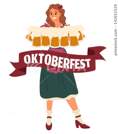 Young woman holds large number glasses of beer during, Oktoberfest festival. Bavarian national holiday. Pub alcohol foam beverage carnival. Waitress with ale pint cups. Vector concept Young woman holds large number glasses of beer during, Oktoberfest festival. Bavarian national holiday. Pub alcohol foam beverage carnival. Waitress with ale pint cups. Vector concept 142652529