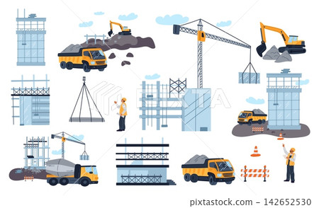 Building materials. Houses under construction. Build workers in hard hats and work clothes. Various builders equipment. Crane and mixer truck. Housing development. Vector elements set 142652530