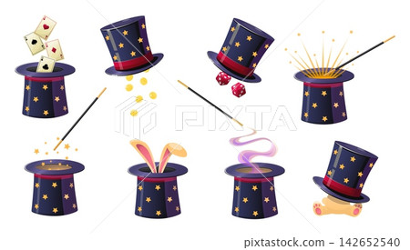 Cartoon style magicians headwear and wand. Magic top hat. Illusionist headgear. Accessories with secret mechanisms. Magical cap. Conjuror trick tools. Stage performance props vector set Cartoon style magicians headwear and wand. Magic top hat. Illusionist headgear. Accessories with secret mechanisms. Magical cap. Conjuror trick tools. Stage performance props vector set 142652540