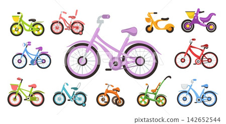 Cartoon themed childrens bikes. Colorful kids bicycles. Two and three wheeled vehicles for toddlers. Girls and boys cute cycles. Childhood transportation. Pedal transport vector set Cartoon themed childrens bikes. Colorful kids bicycles. Two and three wheeled vehicles for toddlers. Girls and boys cute cycles. Childhood transportation. Pedal transport vector set 142652544