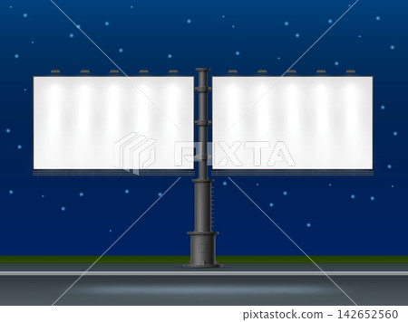 Night city billboard. Realistic blank illuminated double signboard. Roadside street banner. Horizontal glowing screen. Commercial announcement signage mockup. Vector advertising background Night city billboard. Realistic blank illuminated double signboard. Roadside street banner. Horizontal glowing screen. Commercial announcement signage mockup. Vector advertising background 142652560