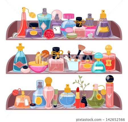 Perfume shelves. Eau de toilette bottles. Perfumery products rack. Fragrance sprays. Various glass flasks. Beauty lipstick. Makeup brushes. Cologne flacons. Vector cosmetic shelving Perfume shelves. Eau de toilette bottles. Perfumery products rack. Fragrance sprays. Various glass flasks. Beauty lipstick. Makeup brushes. Cologne flacons. Vector cosmetic shelving 142652566
