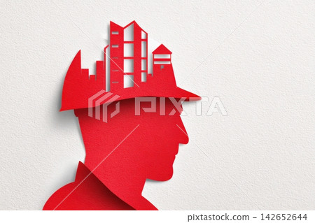 Creative paper-cut silhouette of a construction worker with city skyline Creative paper-cut silhouette of a construction worker with city skyline 142652644