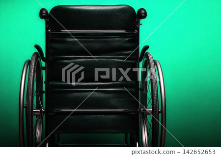 Front view of a wheelchair against a vibrant green background for product display Front view of a wheelchair against a vibrant green background for product display 142652653