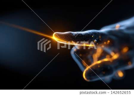 Glowing human finger radiates light in a close-up view on dark background Glowing human finger radiates light in a close-up view on dark background 142652655