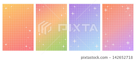 Trendy Y2K background with soft gradient, stars and sparkles. Retro aesthetic grid pattern in pastel blue, yellow and purple colors. Vector poster design with geometric shapes and holographic texture. 142652718