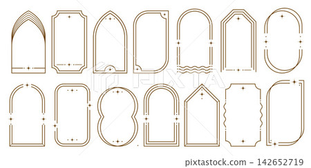 Modern border shapes with stars. Aesthetic outline geometric elements with arched frames and sparkles. Minimal geometric figures for trendy design. Vector templates Modern border shapes with stars. Aesthetic outline geometric elements with arched frames and sparkles. Minimal geometric figures for trendy design. Vector templates 142652719