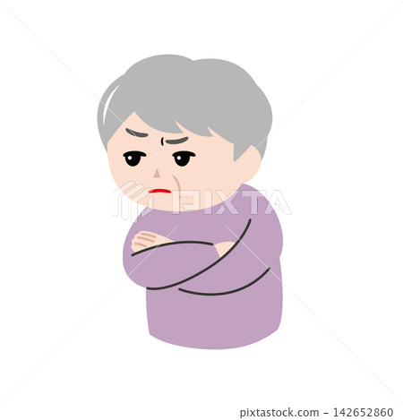 一幅老婦人眼神充滿懷疑和警戒的插圖。 142652860
