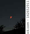 A red crescent moon and silhouette shining fantastically in the dark night sky. 142652911