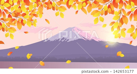 Yellow and orange beech leaves on the backdrop of Mount Fuji. Autumn hornbeam branches. Horizontal vector leaf fall time banner. Travel postcard with a view of the lake and mountains. Yellow and orange beech leaves on the backdrop of Mount Fuji. Autumn hornbeam branches. Horizontal vector leaf fall time banner. Travel postcard with a view of the lake and mountains. 142653177