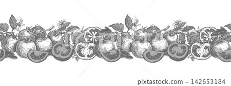 A horizontal border of whole pomidoro, halves, and slices lying on a table. Vector ink drawing imitating engraving. Farm tomatoes in retro style. Seamless pattern for juice and ketchup packaging. A horizontal border of whole pomidoro, halves, and slices lying on a table. Vector ink drawing imitating engraving. Farm tomatoes in retro style. Seamless pattern for juice and ketchup packaging. 142653184