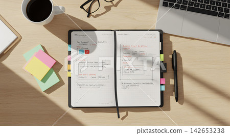 Hand composition of making plans with notebook and pen 142653238
