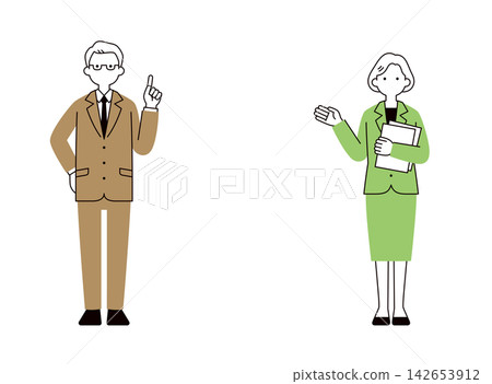 一組中老年企業主、執行長、高階主管和企業家的全身向量插圖,描繪了他們提出提案和進行解釋的場景。 一組中老年企業主、執行長、高階主管和企業家的全身向量插圖,描繪了他們提出提案和進行解釋的場景。 142653912