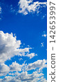 vertical view of cumulus clouds in the lower part of a blue sky 142653997