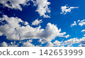 large fluffy cumulus cloud centered in a vivid blue sky surrounded by soft light clouds 142653999