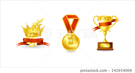 Set of award trophy medal 3d realistic illustration Set of award trophy medal 3d realistic illustration 142654009